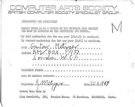 Gustav Metzger’s membership form for the CAS, 1969