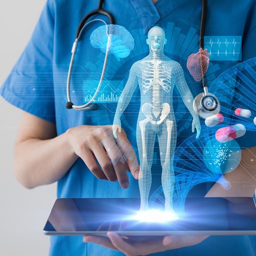 Illustration of a tablet displaying a hologram of human anatomy and medicine.