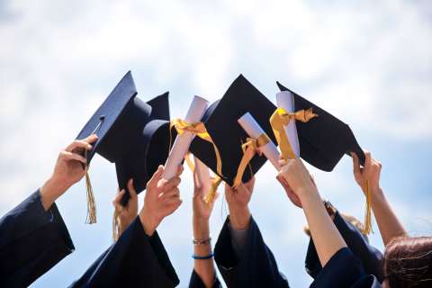 Graduates holding up their caps