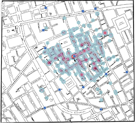 Dr Jon Snow’s original map with heat map analysis showing the outbreak of cholera against the location of the water pumps