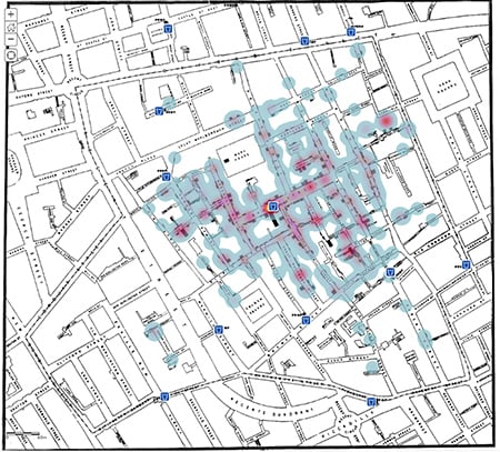 Dr Jon Snow’s original map with heat map analysis showing the outbreak of cholera against the location of the water pumps