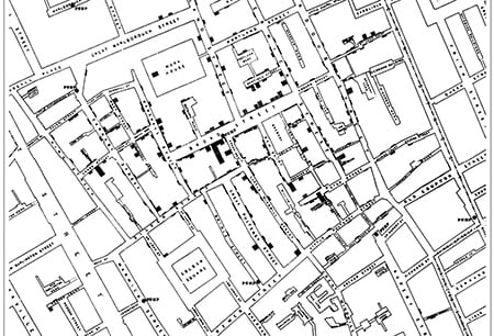 Dr Jon Snow’s original map showing the outbreak of cholera against the location of the water pumps