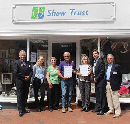 (L to R): Michael Grant, Deputy President, BCS; Gemma McGrath, Shaw Trust Volunteering Development Specialist; Jan Welman, Manager, Shaw Trust Egham shop; Chris; Liz; Anthony Parker, Chair, BCS Berkshire branch; Tony Levene, Volunteering Coordinator, BCS Berkshire branch