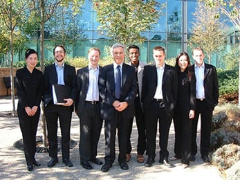Left to right: Yuan Han, James Gulland, Charles Head, Dr Walter Skok (Staff Tutor), Lenintras Dominic, Russell Cousins, Na Han, Mark Fraser.