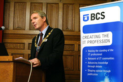 BCS president Nigel Shadbolt  addressing the assembled audience