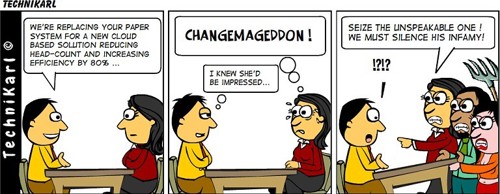 Image of a comic strip depicting workers upset by the idea of change.