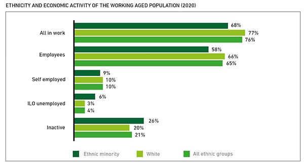 Bar chart showing ethnicity and economic activity of the working aged population in 2020