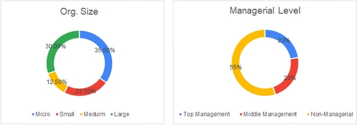 Organisation Size graph showing the size of organisations respondents work for: Micro 35%; Small 22.5%; Medium 12.5% and Large 30%. Managerial Level graph showing managerial level or seniority of the respondents: Non management 55%; Middle management 23% and Top management 23%.