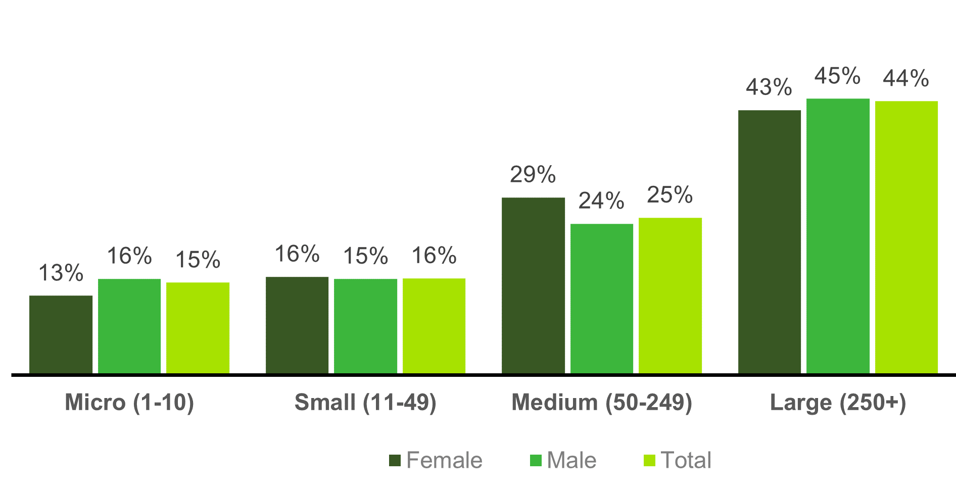 Chart showing IT specialist employees by sex and size of workplace (2021)