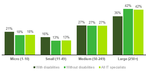 Chart showing Disabled status and size of workplace (2022)