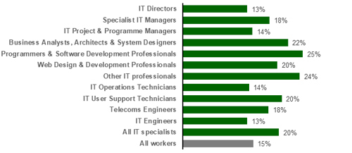 Chart showing BAME representation by IT occupation (2022)